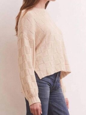 Z Supply Cream Checkered Knit Crewneck Sweater